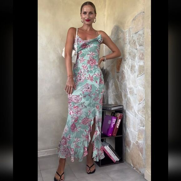 NWT ZARA FLORAL PRINT SLIP DRESS GREEN AND PINK - Picture 2 of 16